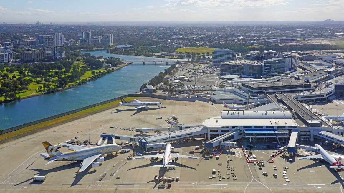 Airport with planes and river in sydney