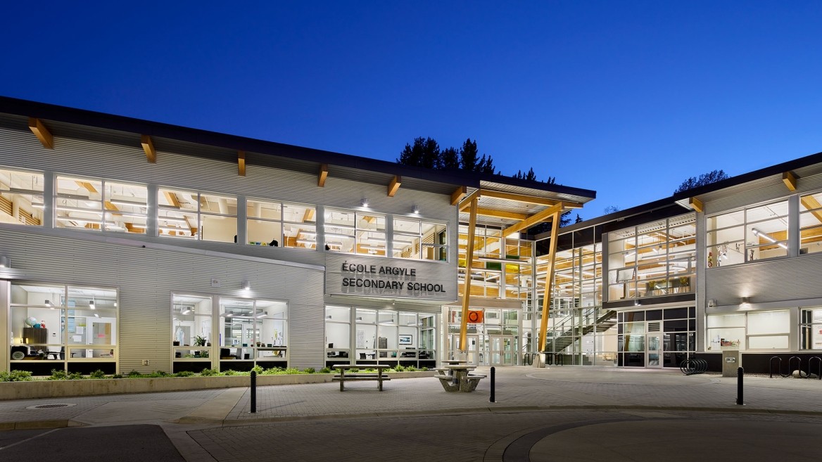 The exterior of the new Argyle Secondary School in North Vancouver as seen in the evening