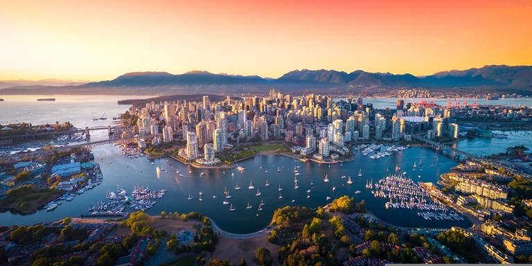 The city of Vancouver seen at sunset, looking westwards